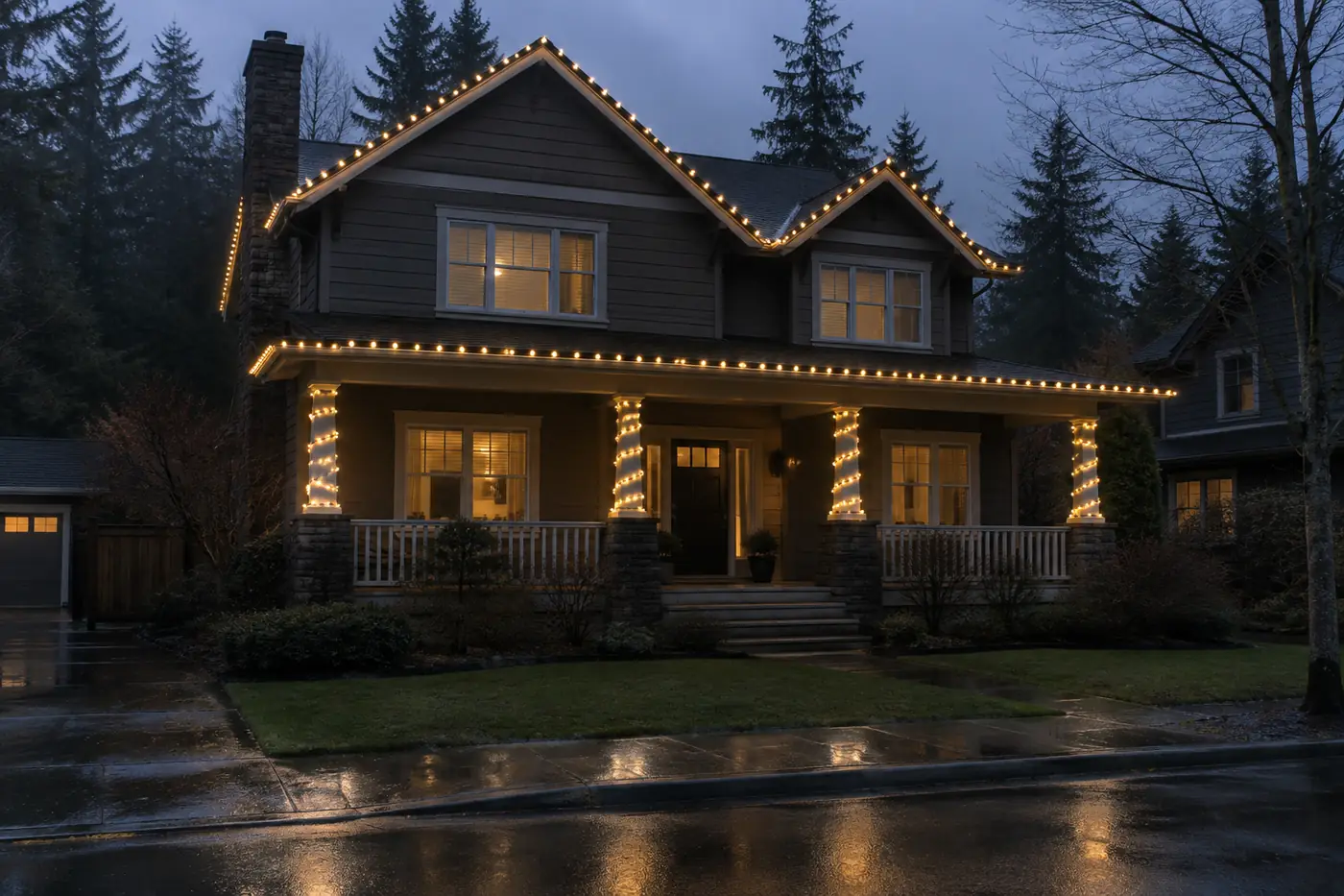 Two-story home with front porch pillars spiral-wrapped in warm white C9 LED Christmas lights