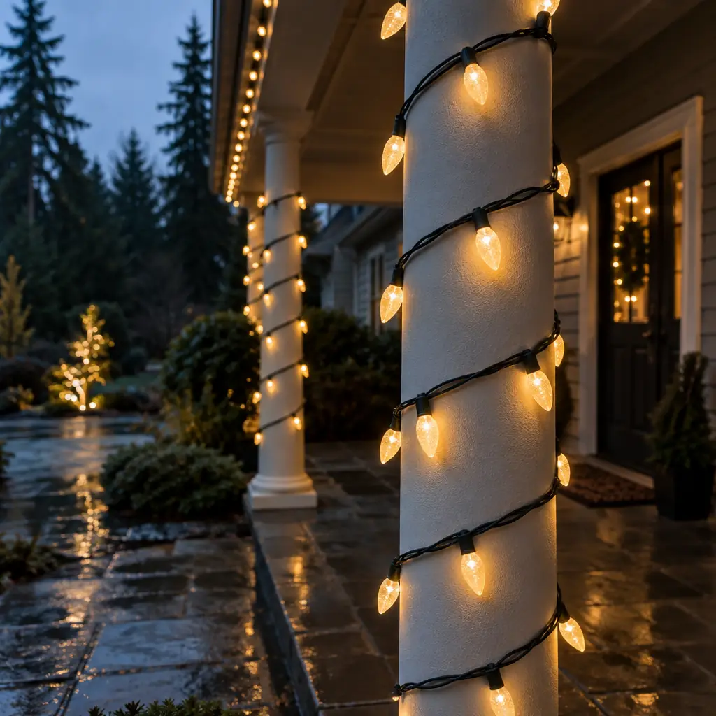 Close-up of a round porch column spiral-wrapped in warm white C9 LED lights near Bellevue, WA