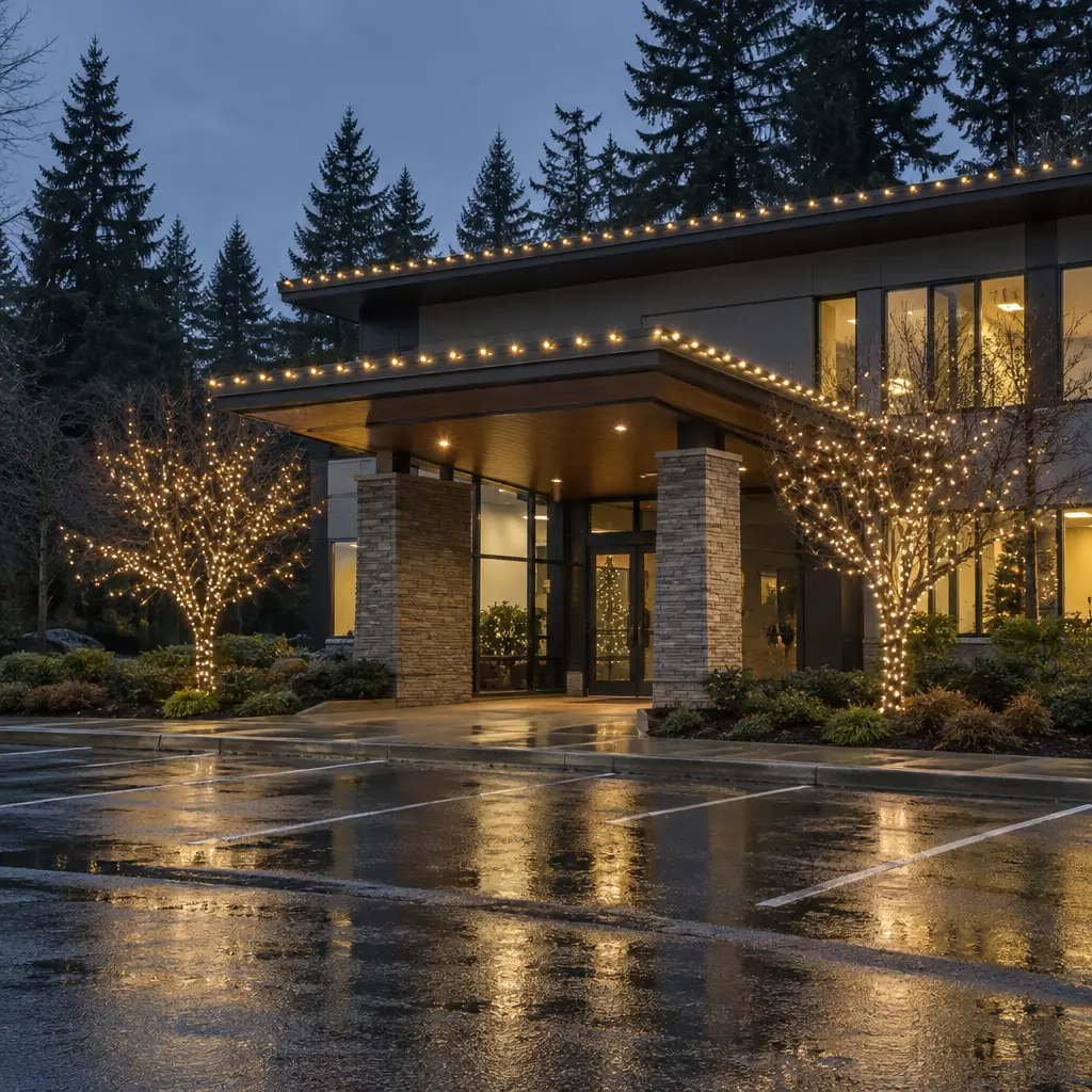 Office building entrance outlined in warm white C9 LED lights with wrapped entry trees near Bellevue, WA