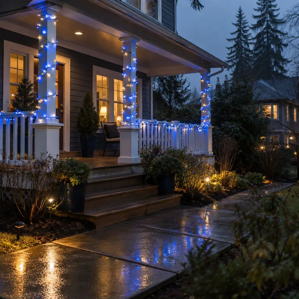 Front porch with blue and white LED lights on the columns and railing for Hanukkah near Bellevue, WA