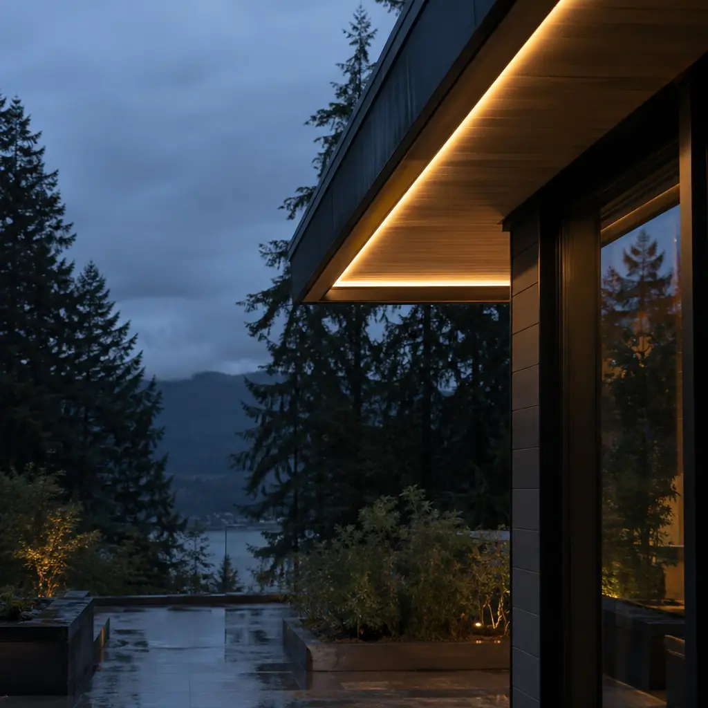 Slim permanent LED lighting track tucked under a modern roofline eave, glowing warm white near Bellevue, WA