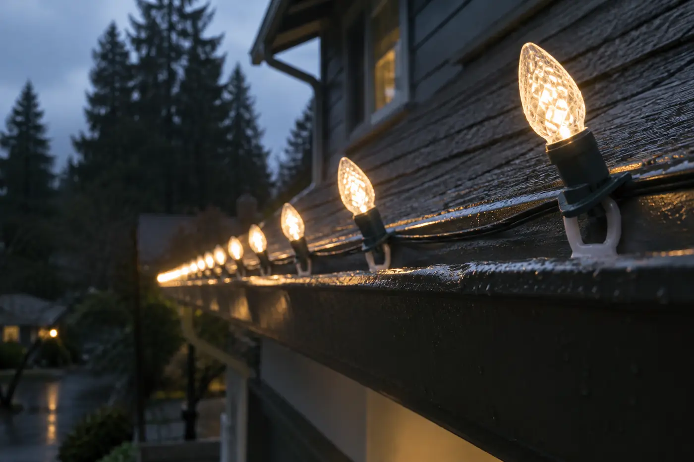 Close-up of warm white C9 LED bulbs clipped along a gutter line