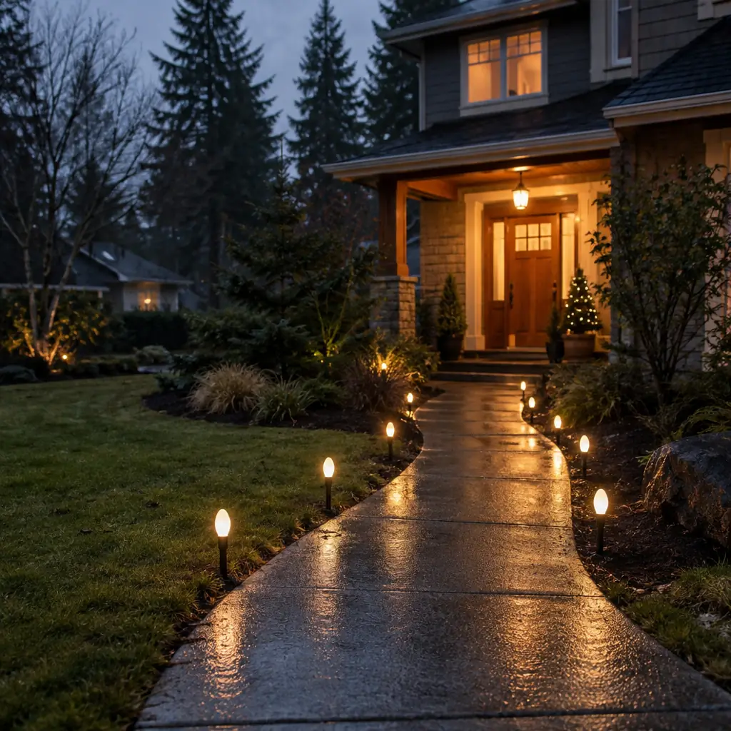 Warm white C9 ground stake lights lining a curved front walkway at dusk near Bellevue, WA