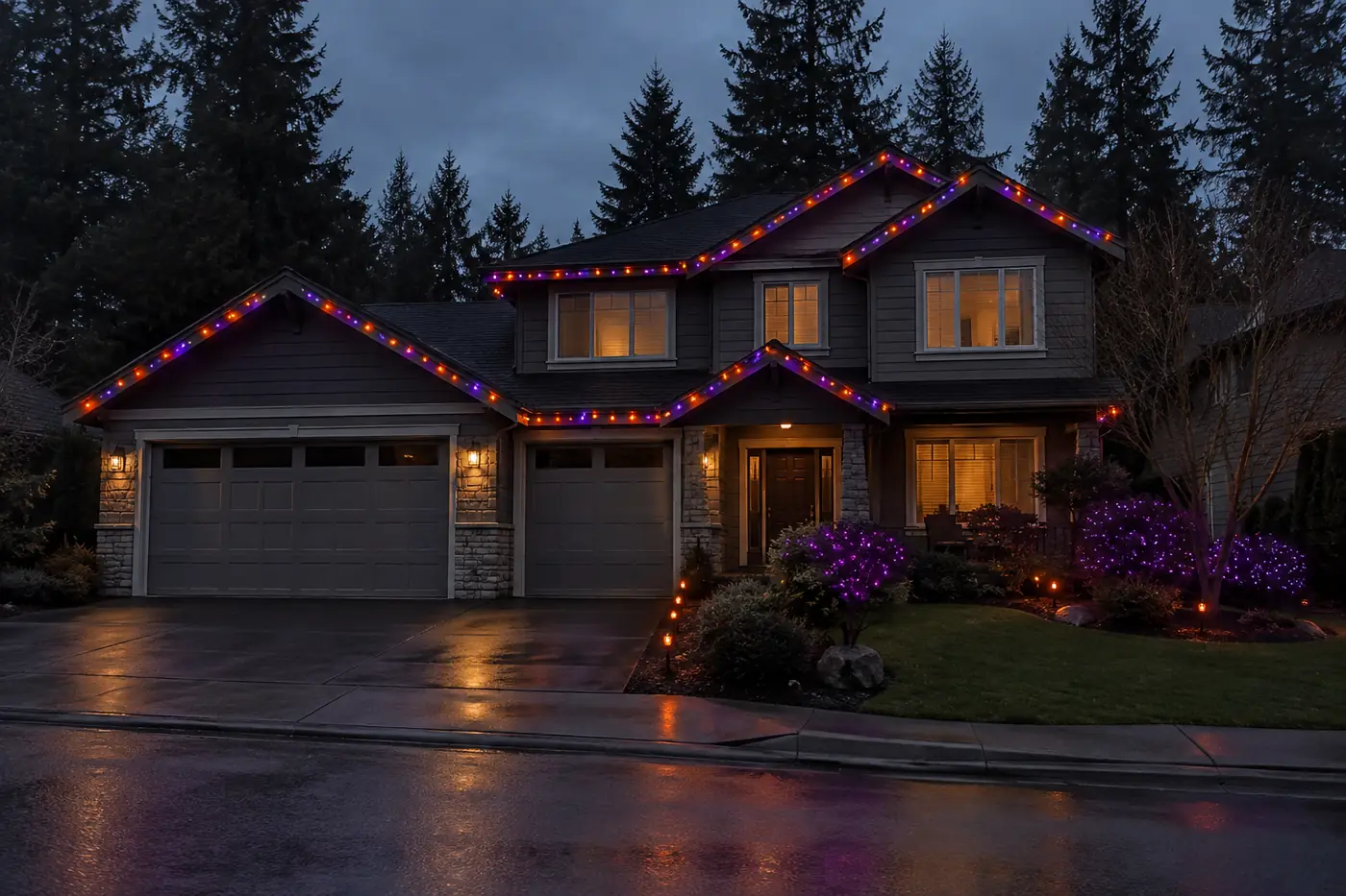 Purple and orange LED roofline lights on a home for Halloween