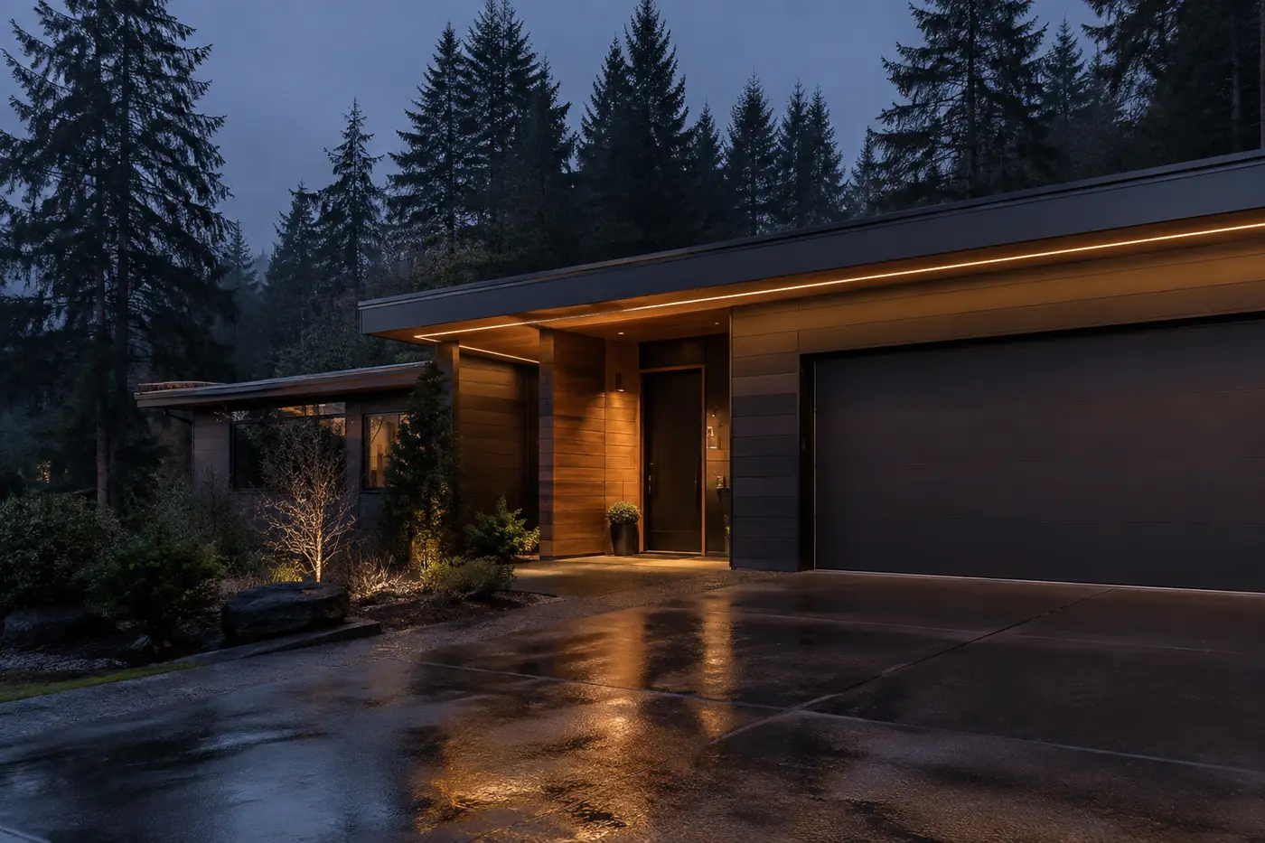 Modern home roofline with discreet permanent LED track lighting glowing warm white at dusk