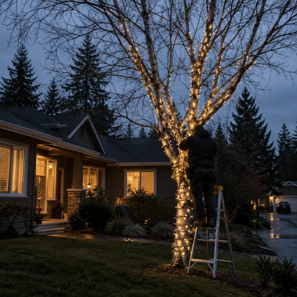 Installer wrapping a birch trunk in warm white mini LED lights on a residential lawn near Bellevue, WA